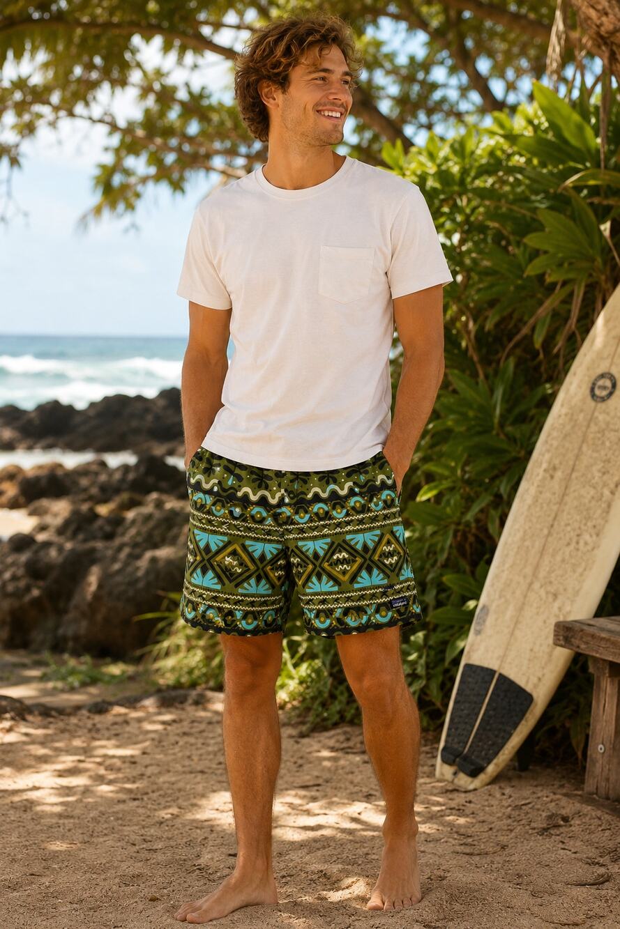 Patagonia Men's Mangrove Tiki Palo Green Geometric Print Baggies Outdoor Shorts